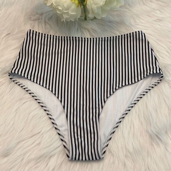 Vimpunec High Waisted Black and White Stripe Bikini Swimsuit Bottom Size M - Picture 1 of 6